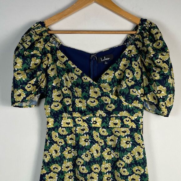 Lulus Floral Inclusive Floral Print Puff Sleeve Mini Dress Small Navy Yellow NEW - Picture 4 of 13
